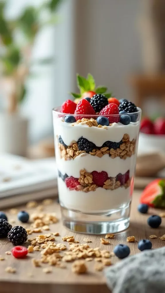 A glass of Greek yogurt parfait layered with granola and berries