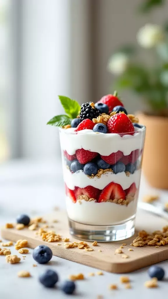 A delicious Greek yogurt parfait with layers of yogurt, fresh berries, and granola.