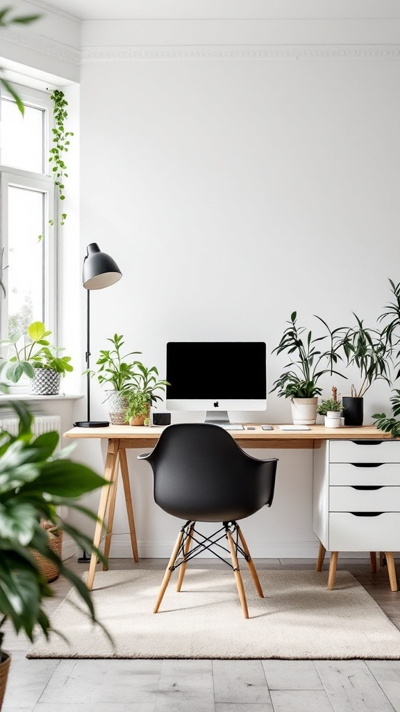 A Scandinavian home office featuring a sleek modern desk surrounded by indoor plants