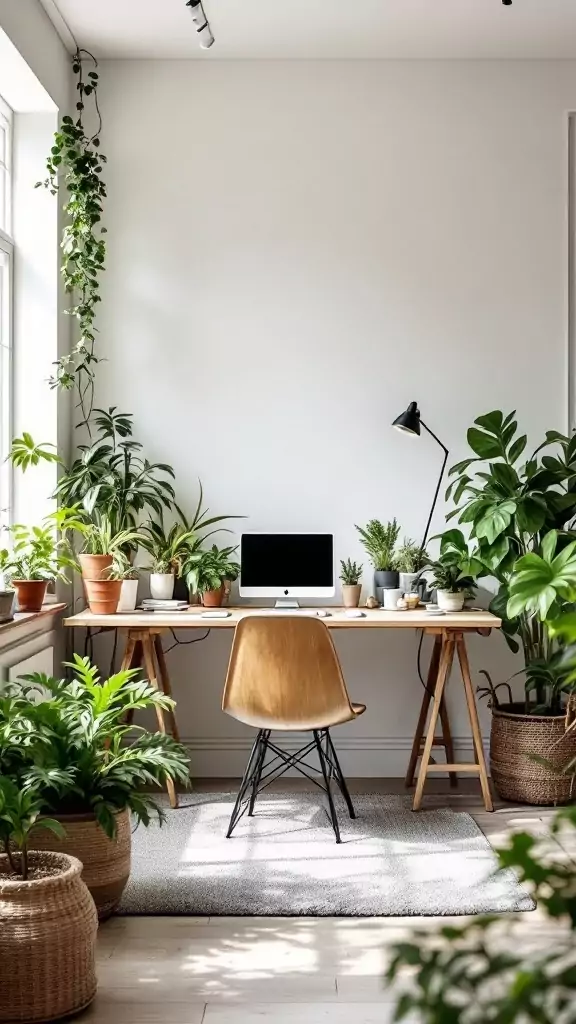 A bright modern farmhouse office filled with various plants and a natural wood desk.