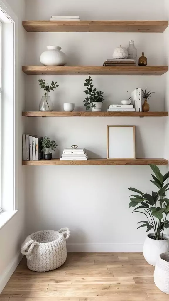 Handcrafted wooden shelves in a modern farmhouse office setting.