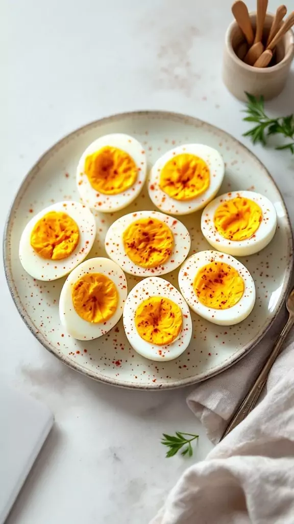 A plate of hard-boiled eggs seasoned with paprika