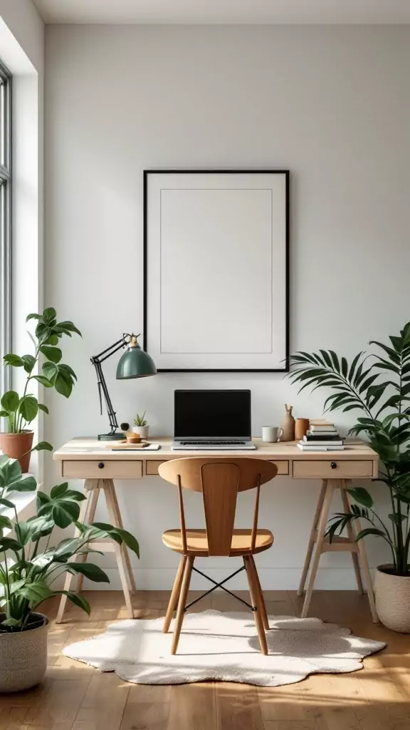 A well-decorated home office with plants, a wooden desk, and a cozy chair.