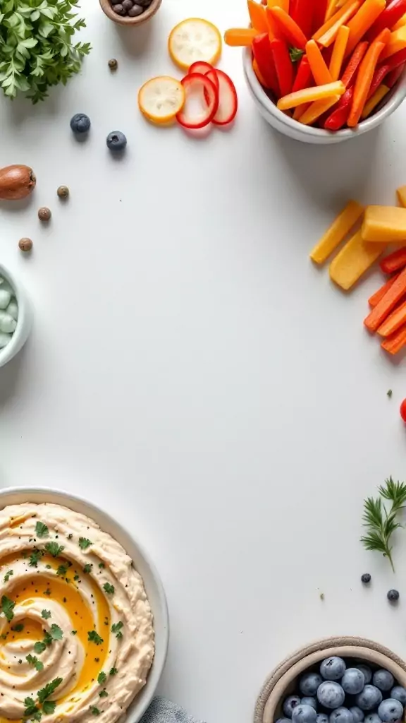 Bowl of hummus with assorted vegetable sticks surrounding it.