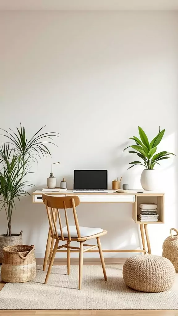 A minimal home office design featuring bamboo elements, plants, and a calming workspace