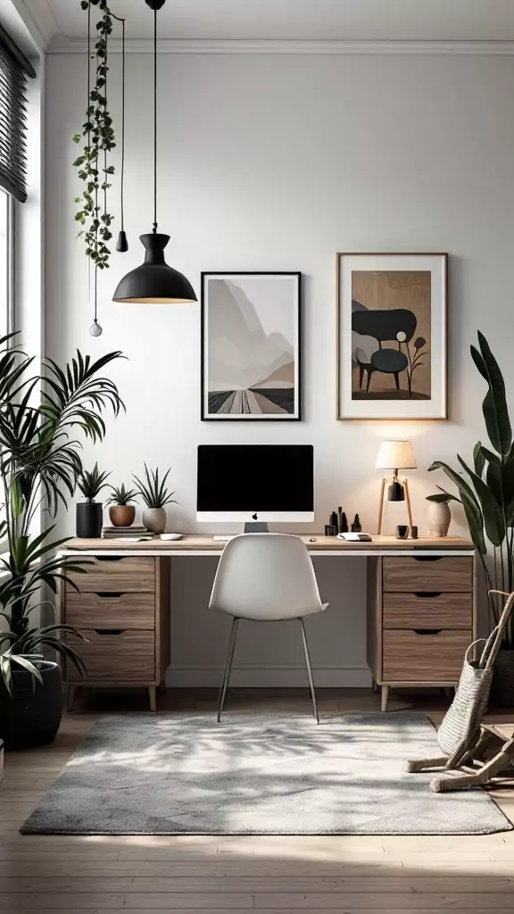 Cozy minimalist office with natural wood flooring and modern decor.