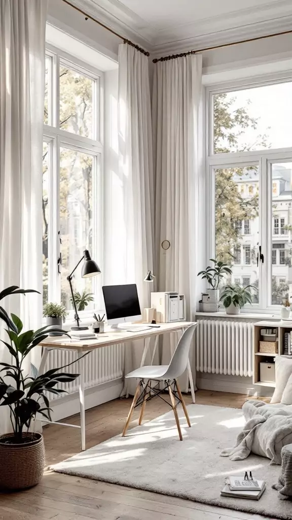 Cozy Scandinavian home office with large windows, natural wood flooring, and a sleek modern desk.