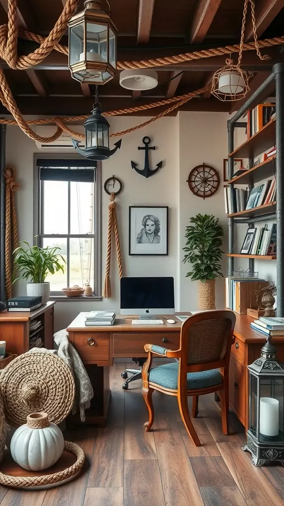 A cozy coastal office with nautical decor, featuring lanterns, ropes, and an anchor.