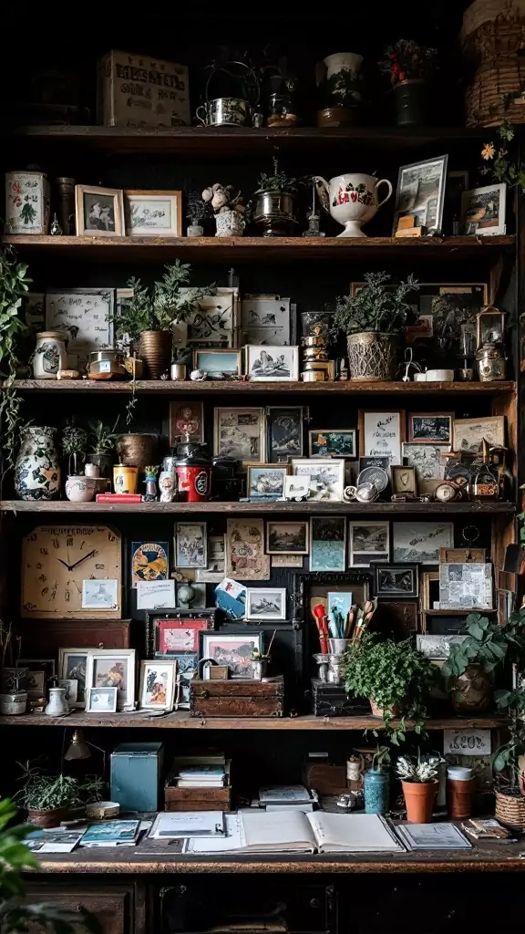 A rustic shelf filled with various personal collections and plants.