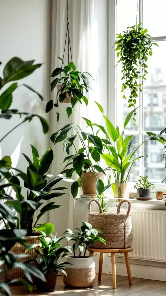 A bright and airy home office filled with various houseplants, showcasing a serene workspace.