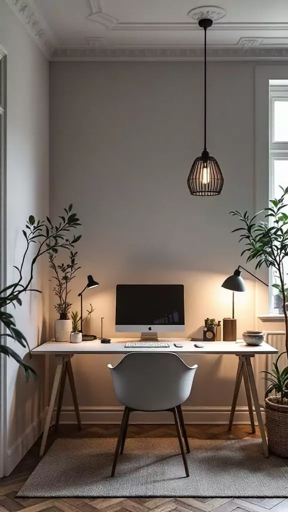 A cozy Scandinavian home office with modern lighting and plants.