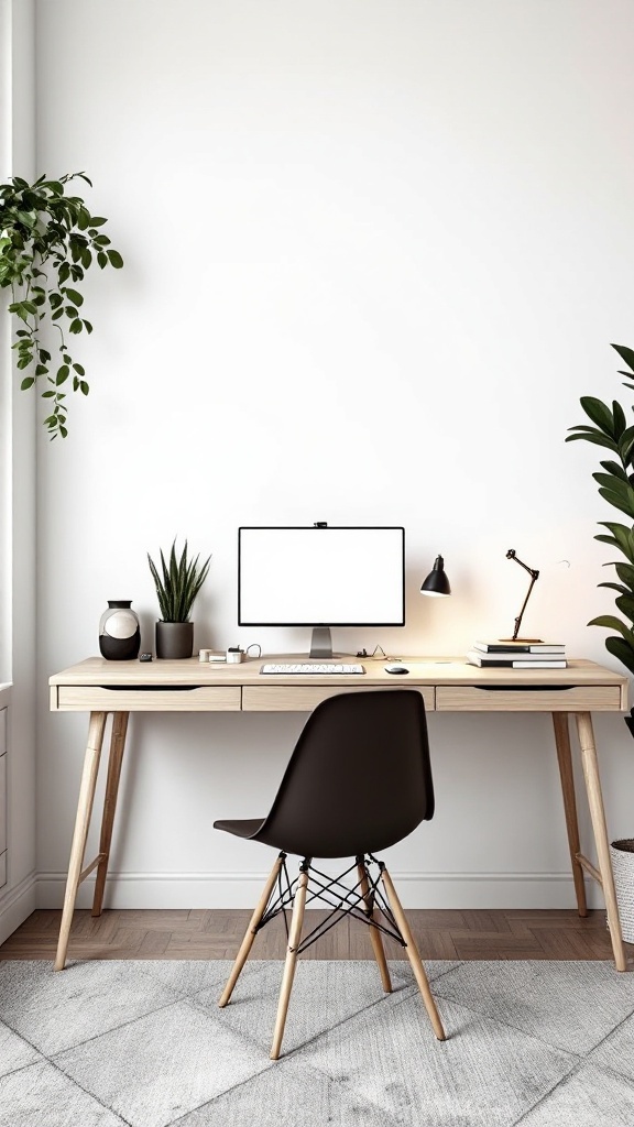 A minimalist Scandinavian home office featuring a sleek desk, computer, and plants.