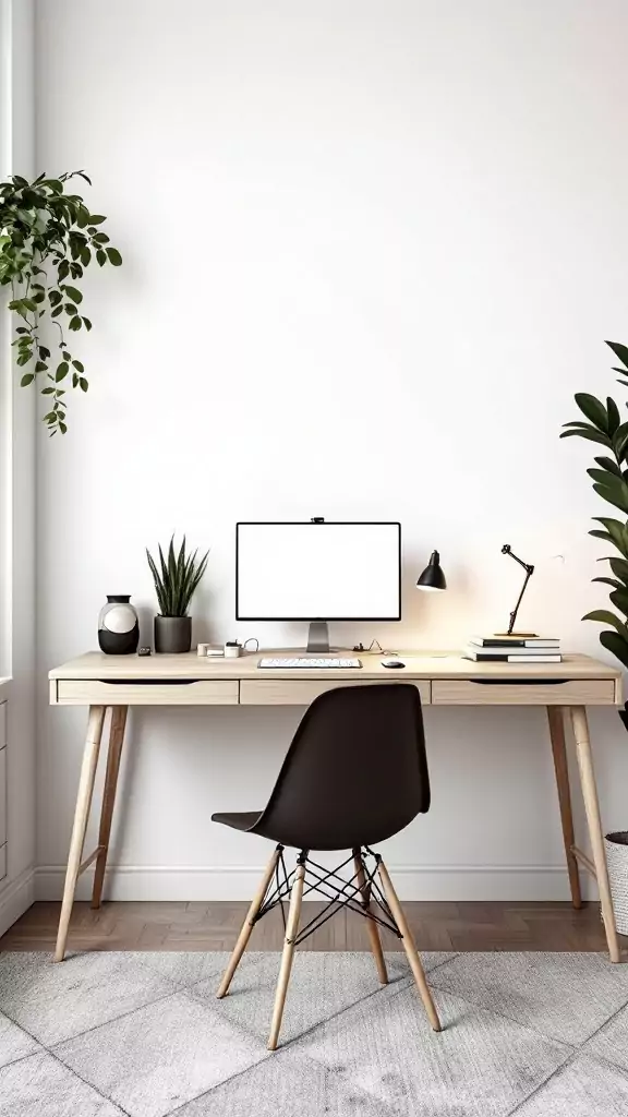 A minimalist Scandinavian home office featuring a sleek desk, computer, and plants.