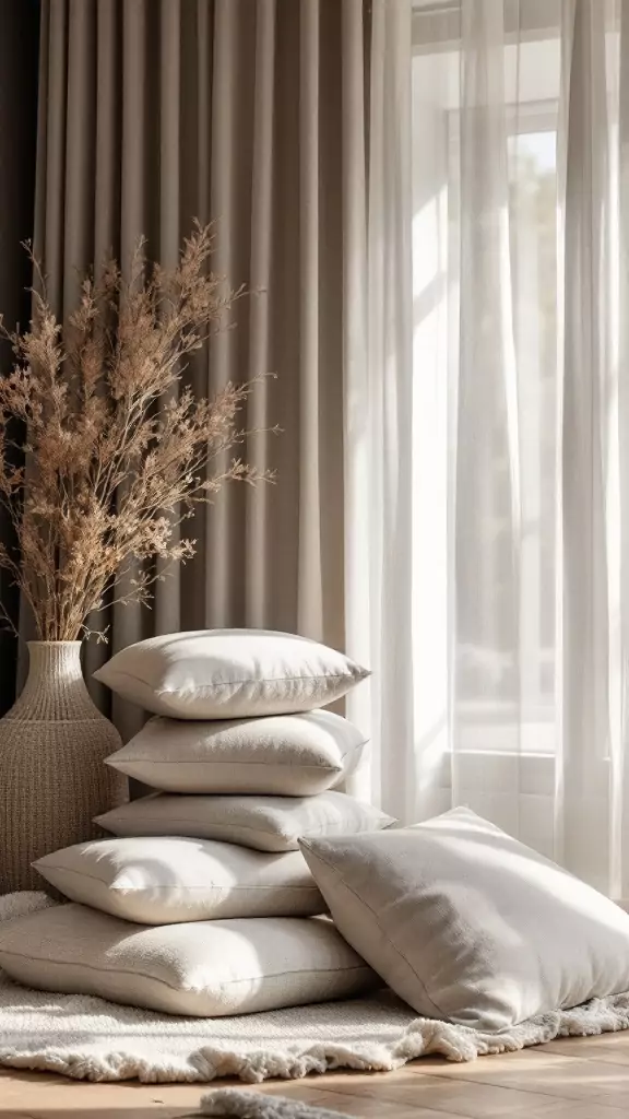 A serene workspace featuring stacked neutral cushions, a vase with dried flowers, and soft curtains, embodying Japandi style.