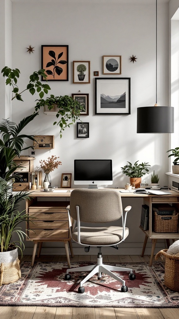 A stylish home office with a sleek modern desk, vintage decor, and plants.