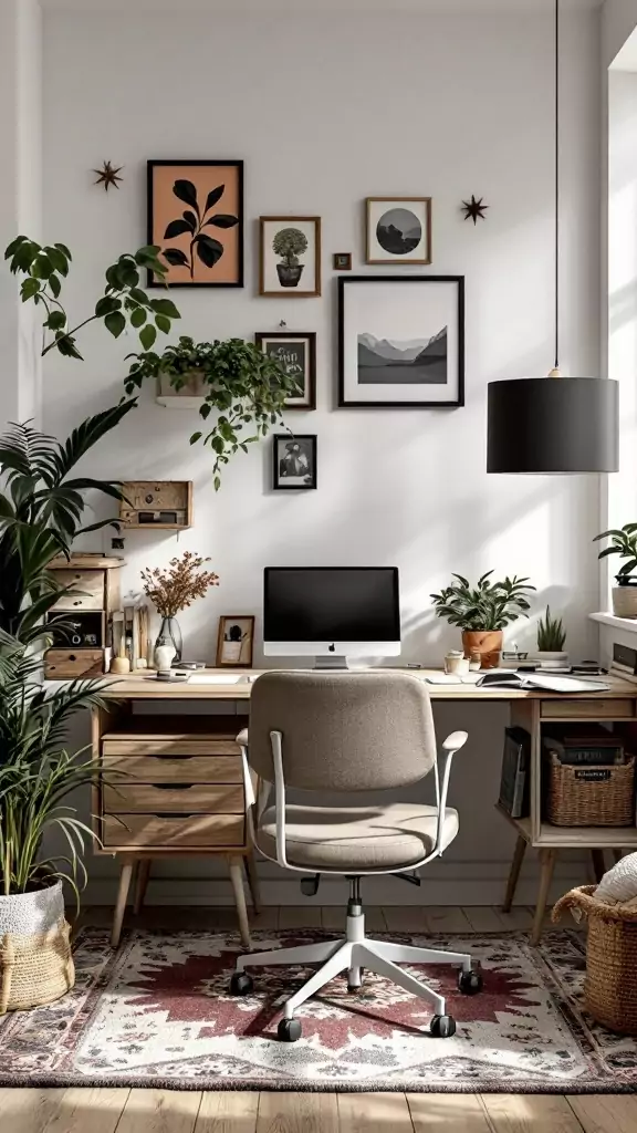 A stylish home office with a sleek modern desk, vintage decor, and plants.