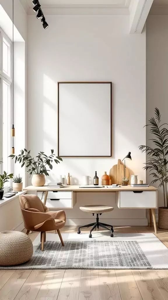 A cozy minimalist home office featuring a sleek modern desk, natural wood flooring, and plants.