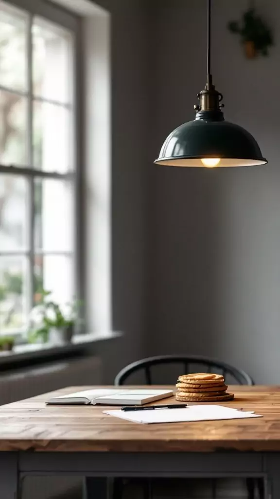 A stylish industrial light fixture hanging over a rustic wooden table with cookies and stationery.