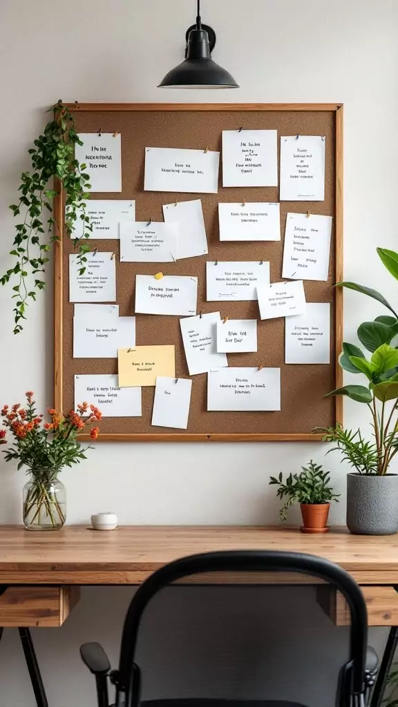 A corkboard filled with inspirational quotes and plants in a farmhouse office setting.