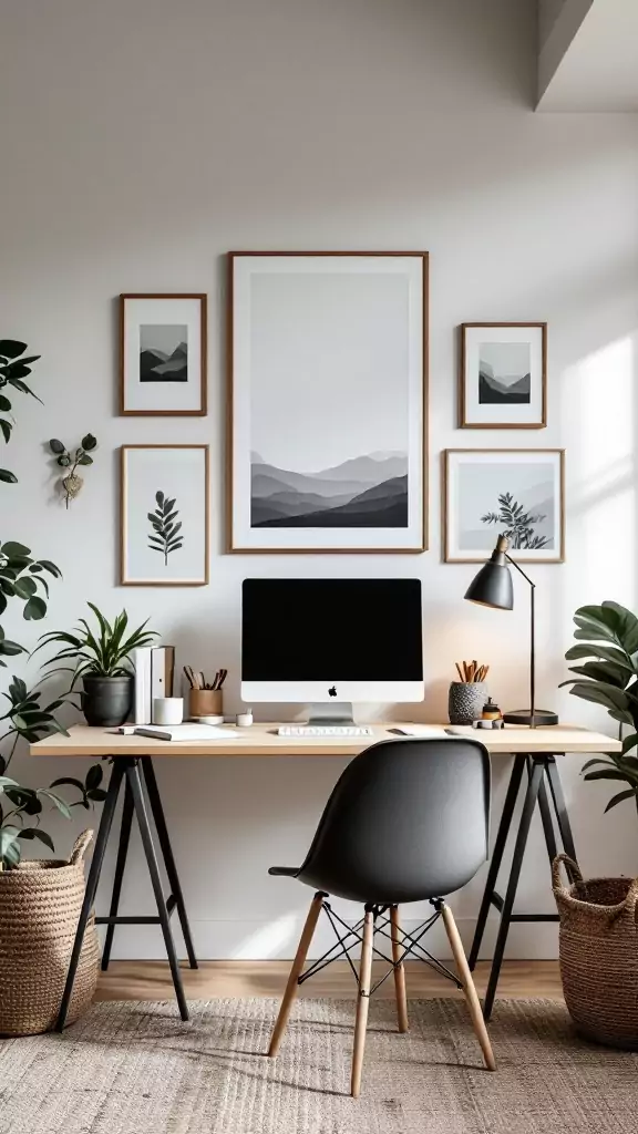 A stylish Scandinavian home office featuring wall art and a sleek modern desk.