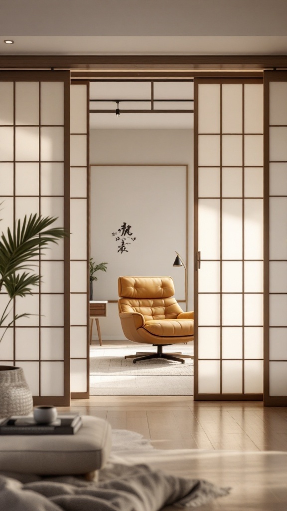 Japanese sliding doors leading into a serene workspace with a yellow chair and minimalist decor.