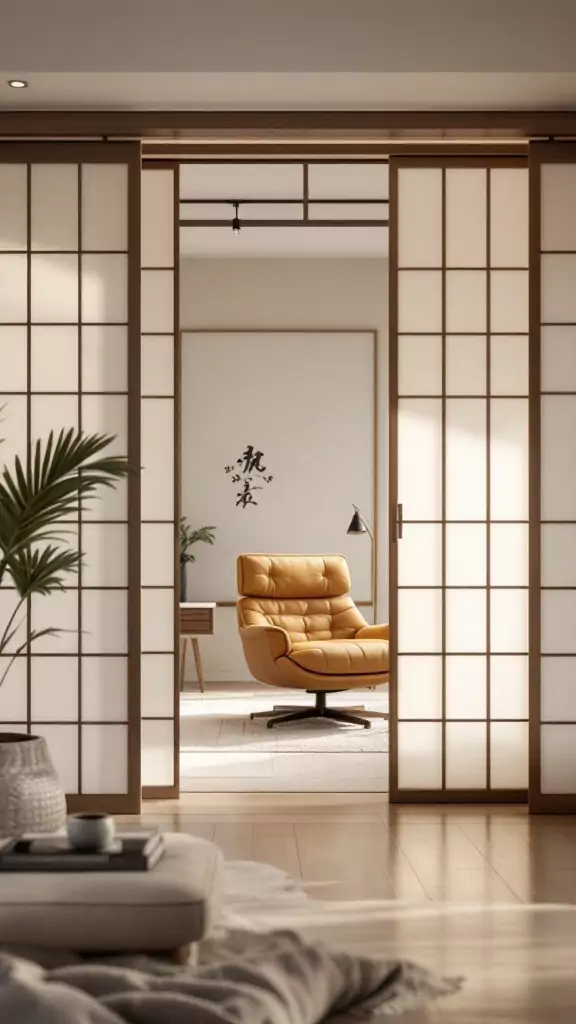 Japanese sliding doors leading into a serene workspace with a yellow chair and minimalist decor.