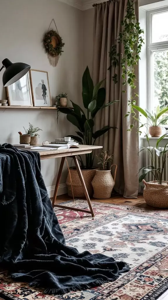 Cozy dark Cottagecore home office with layered textiles, including a plush black blanket, vintage rug, and plant decor.