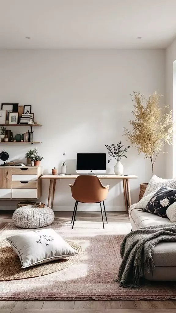 A cozy Scandinavian-inspired home office with a sleek modern desk, plush pillows, and natural wood flooring.