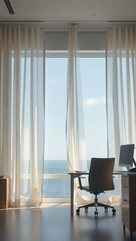 A coastal home office with light and airy curtains overlooking the ocean.