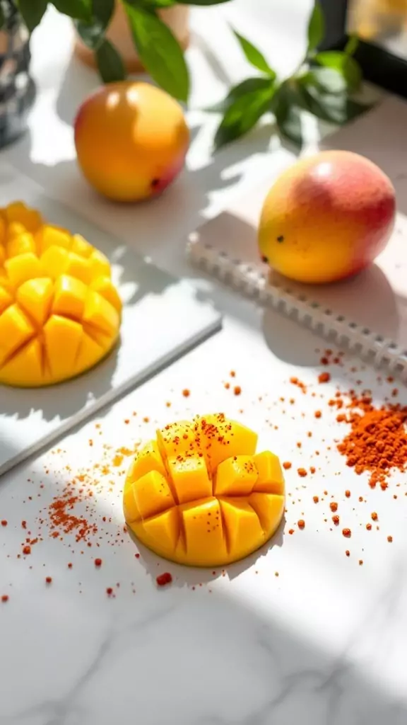 Mango slices topped with chili powder on a white surface