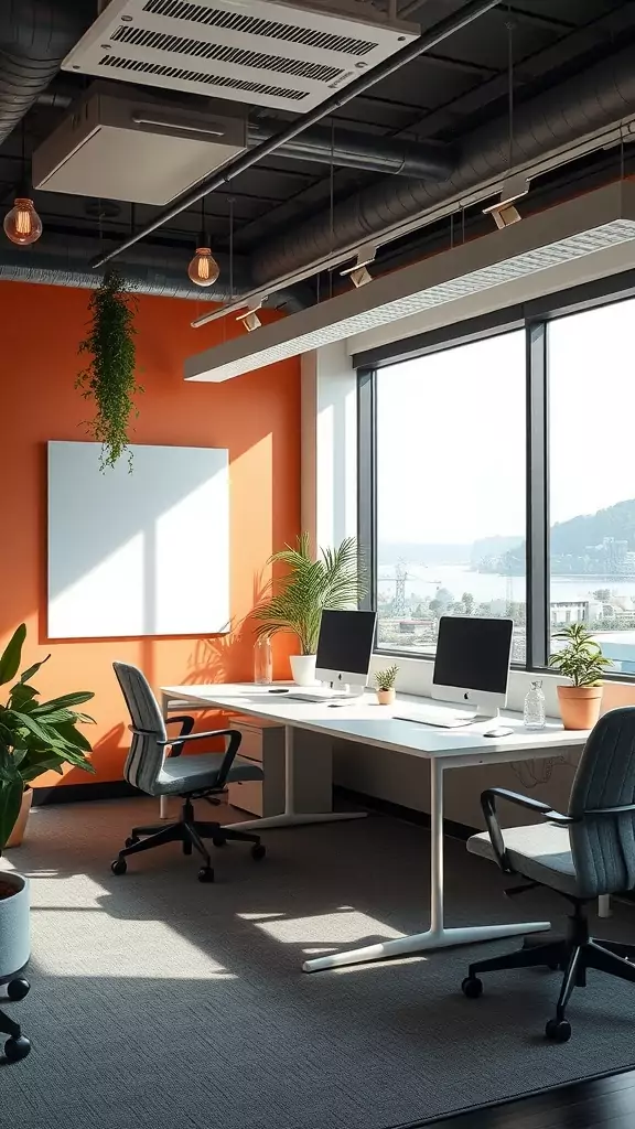 A bright and modern coastal office with orange walls and large windows, showcasing a clean and organized workspace.