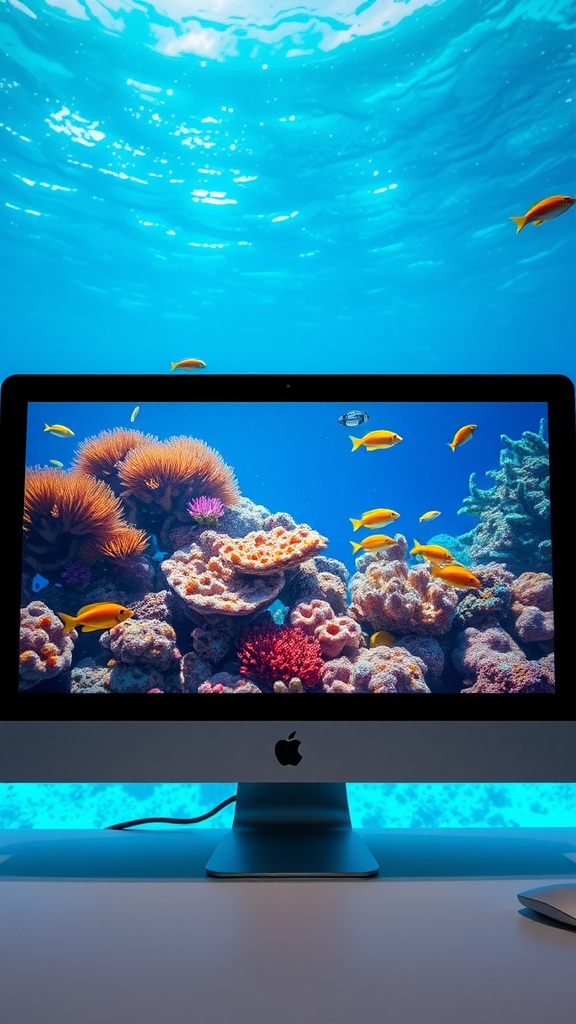 A desktop computer displaying a vibrant marine life scene with colorful coral and fish