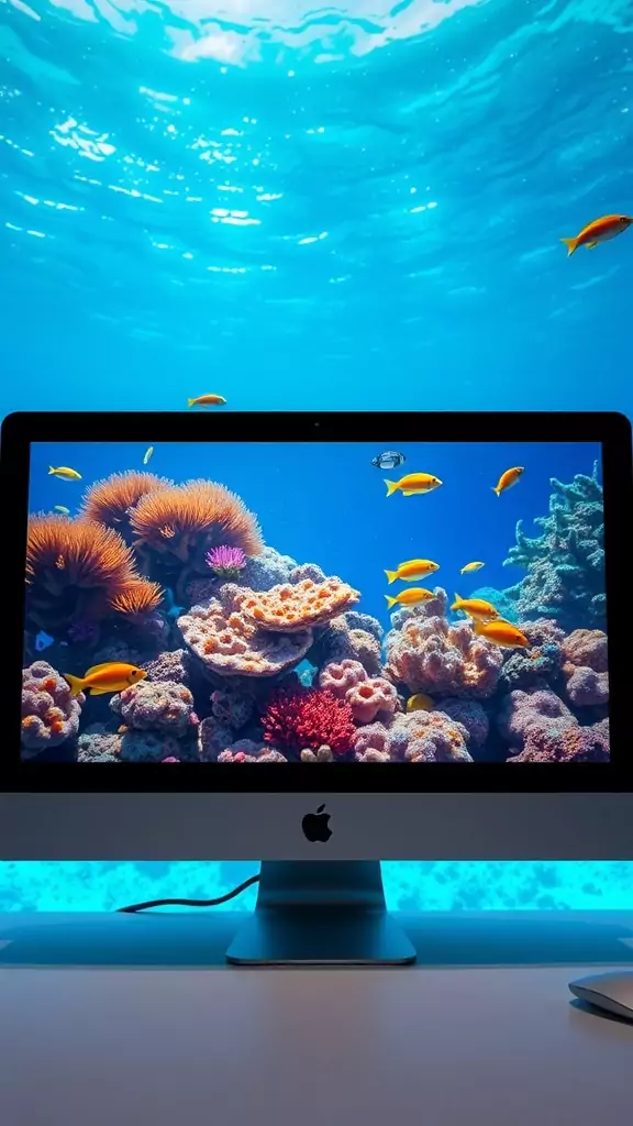 A desktop computer displaying a vibrant marine life scene with colorful coral and fish