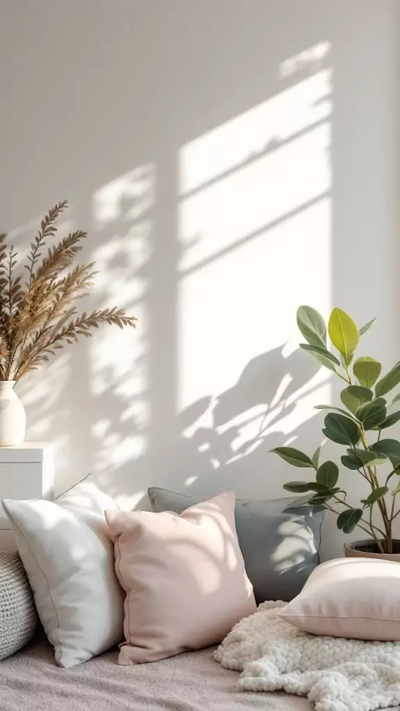 Cozy corner in a home office with soft pillows and greenery, promoting a peaceful atmosphere.