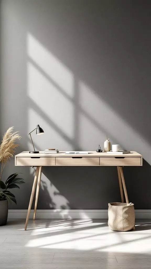 A sleek modern desk with natural wood finish in a minimalistic home office setting.