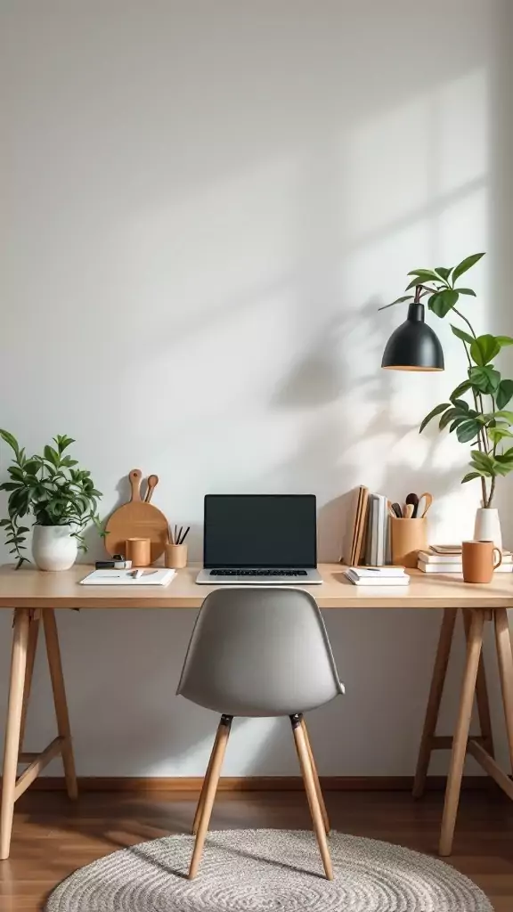 Minimalist desk setup in a Japandi style home office with plants, a laptop, and a warm color palette.