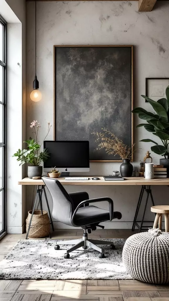 A modern farmhouse office with a rustic desk, plants, and cozy decor.