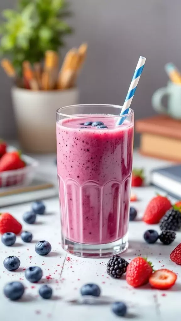 A refreshing mixed berry smoothie in a glass with a striped straw, surrounded by fresh berries.