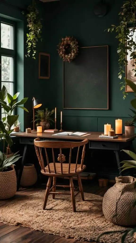 A dark moody home office with forest green walls, a wooden desk, plants, and candles.