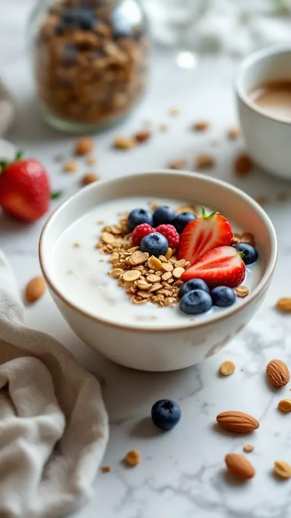 Bowl of muesli topped with berries and almonds