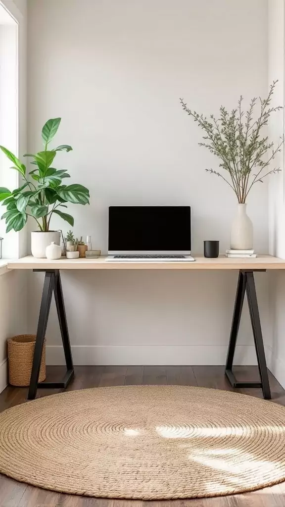 A minimal farmhouse office with a natural fiber rug, plants, and a modern desk.