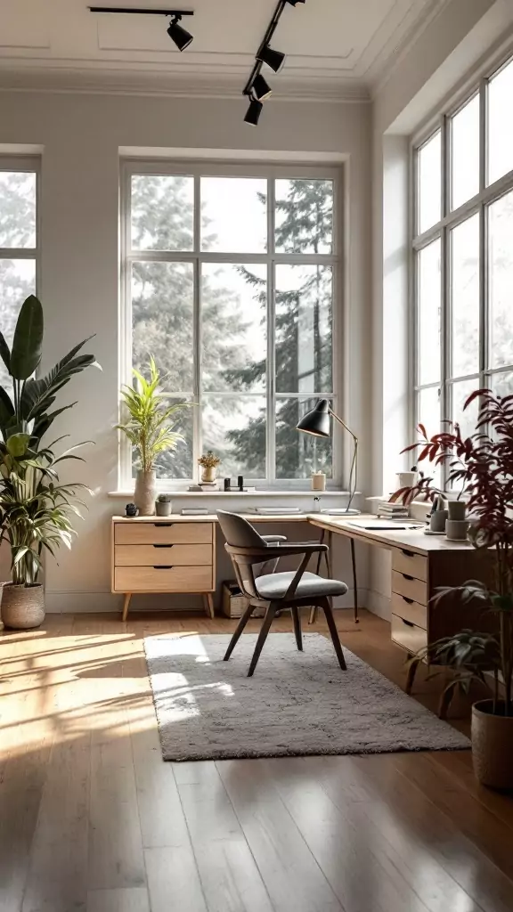 A serene Japandi home office with large windows allowing natural light, wooden furniture, and plants.