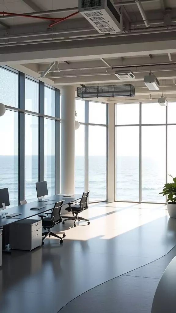 Bright coastal office with large windows overlooking the ocean