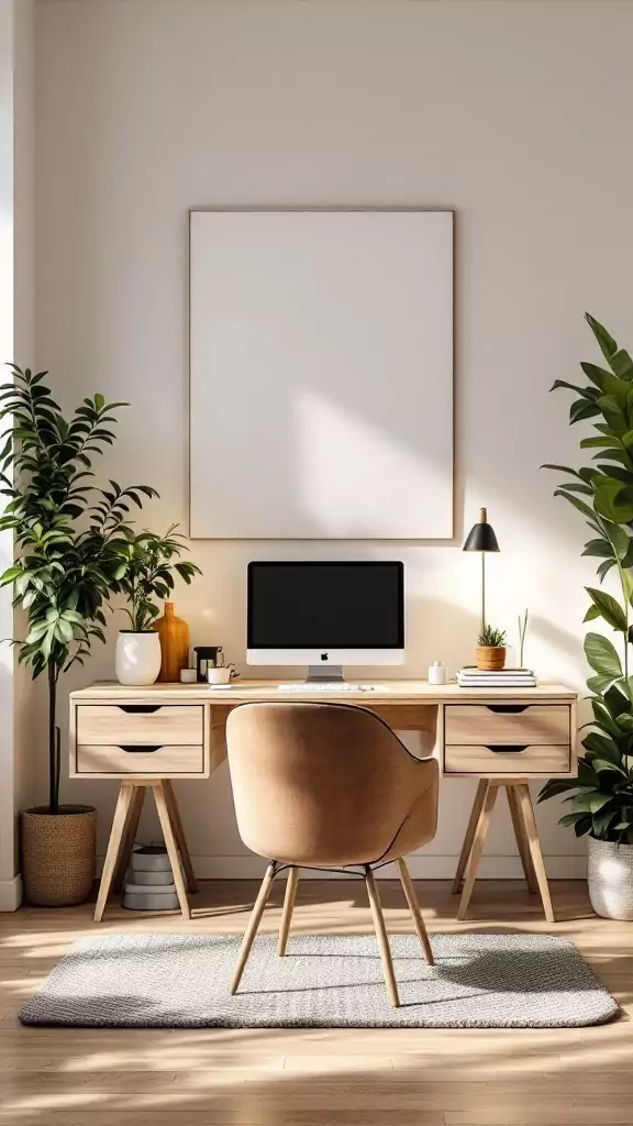 A serene Japandi style home office featuring a wooden desk, cozy chair, and plants.