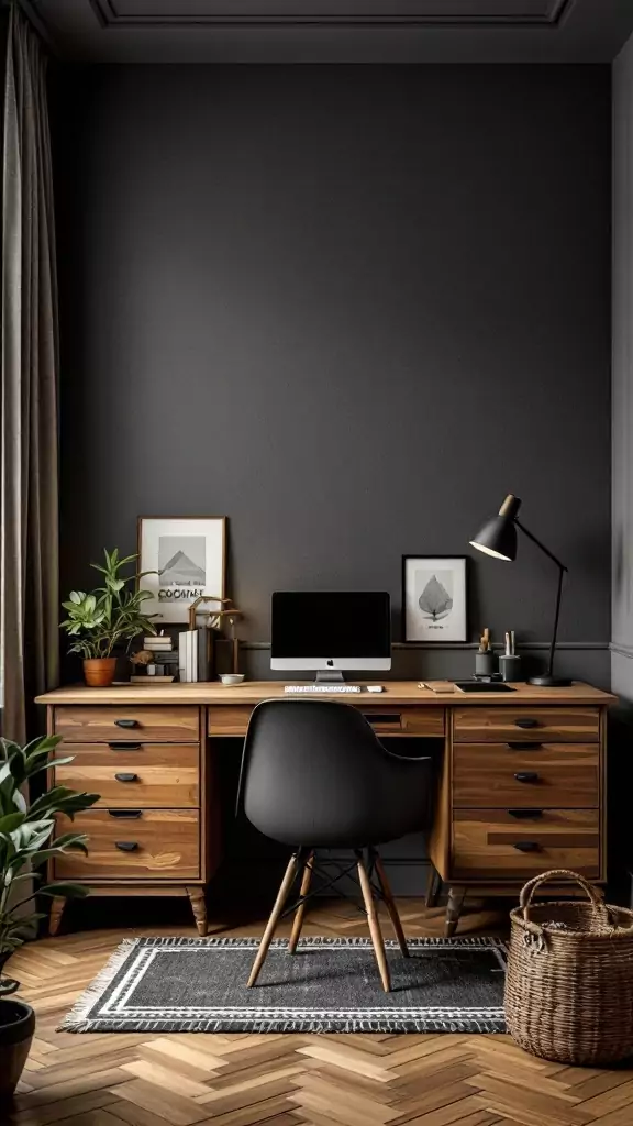 A dark Cottagecore home office featuring natural wood finishes, plants, and cozy decor.