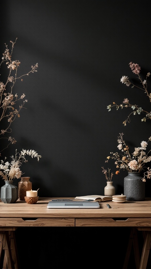 A dark Cottagecore home office with dried flowers, a wooden desk, and cozy decor.