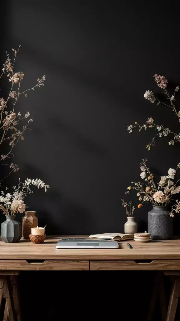 A dark Cottagecore home office with dried flowers, a wooden desk, and cozy decor.