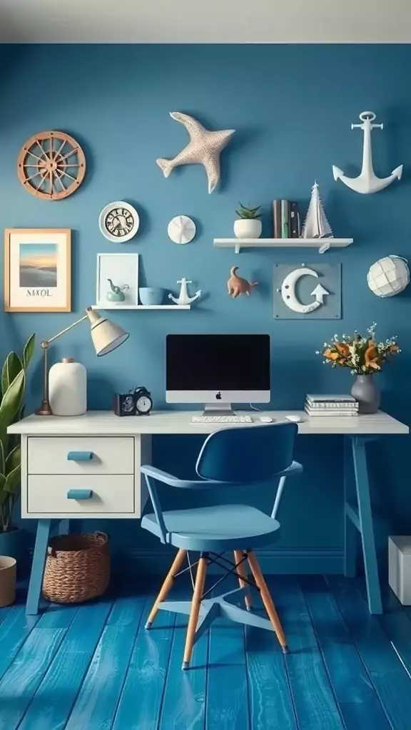 A coastal-themed office with blue walls, nautical decor elements, and a stylish workspace.