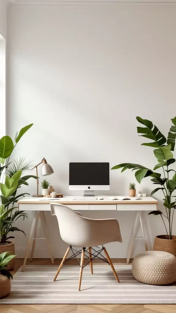 A serene Japandi home office featuring a neutral color palette with plants and minimalist decor.