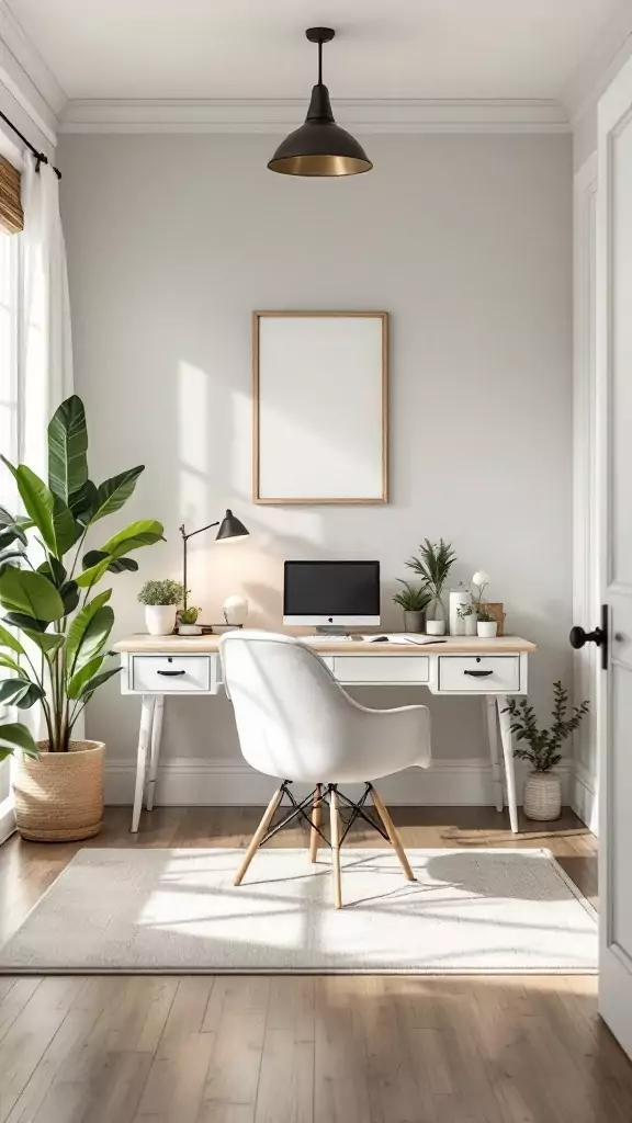 A modern farmhouse office with neutral tones, featuring a white desk, a comfortable chair, and green plants.